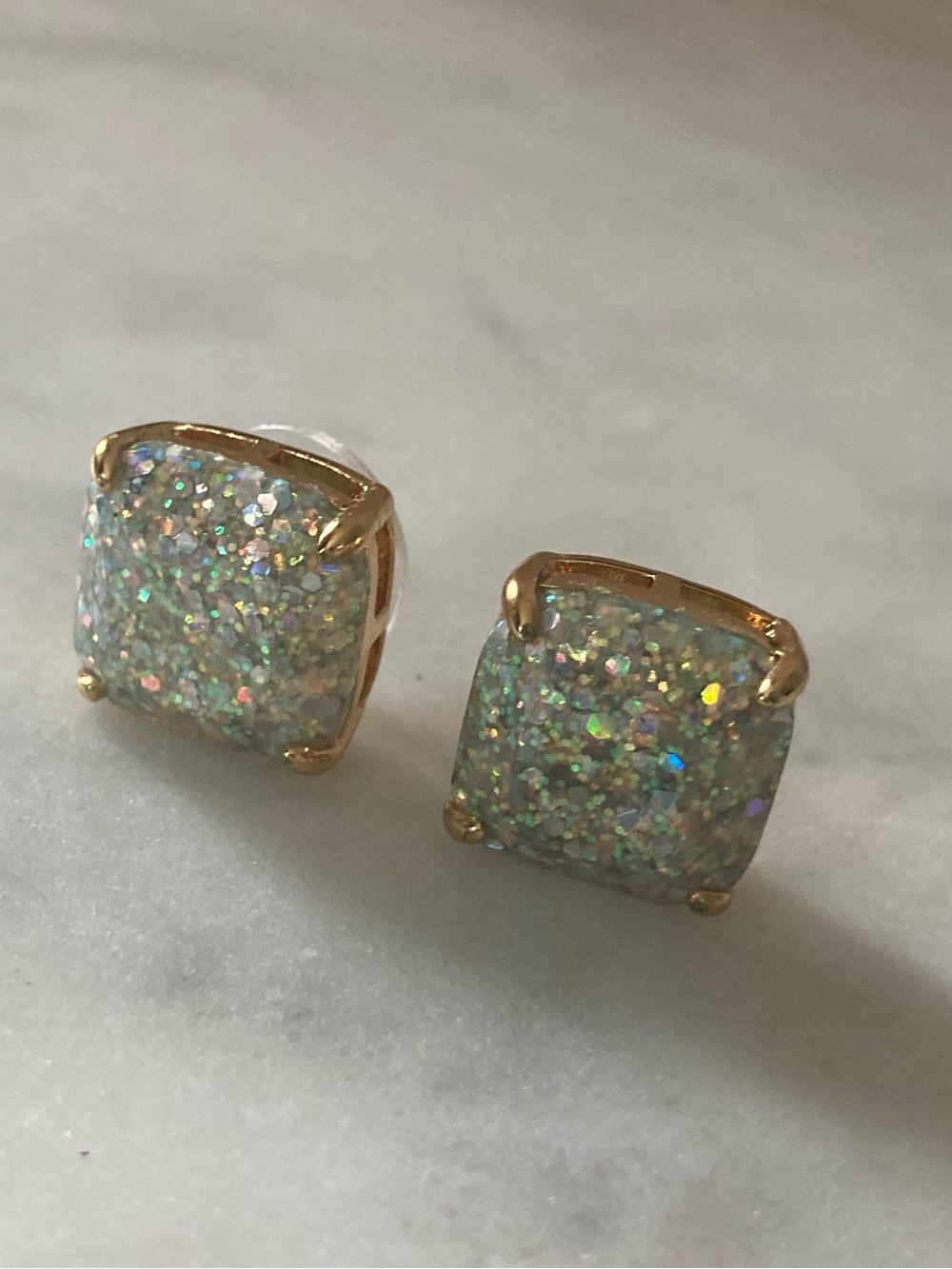 Iridescent Glitter Square Stud Earrings with Gold Setting